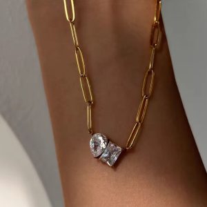 Gold Plated Stainless Steel CZ Paperclip Pendant Necklace💧